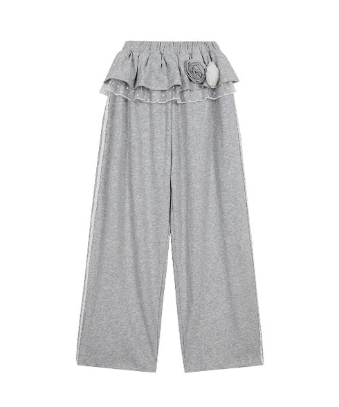 ILLIGO(イリゴ)/サイドライン ウエストフリル フェイクレイヤード ワイド ルーズ スウェットパンツ ブローチ付き/BLOOM RUFFLE LACE SWEAT PANTS | AT2254022 | グレー