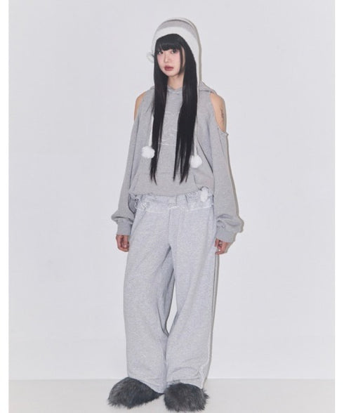 ILLIGO(イリゴ)/サイドライン ウエストフリル フェイクレイヤード ワイド ルーズ スウェットパンツ ブローチ付き/BLOOM RUFFLE LACE SWEAT PANTS | AT2254022 | グレー