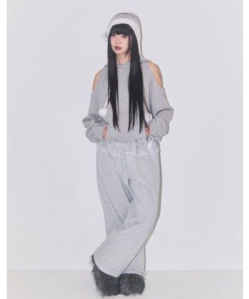 ILLIGO(イリゴ)/サイドライン ウエストフリル フェイクレイヤード ワイド ルーズ スウェットパンツ ブローチ付き/BLOOM RUFFLE LACE SWEAT PANTS | AT2254022 | グレー