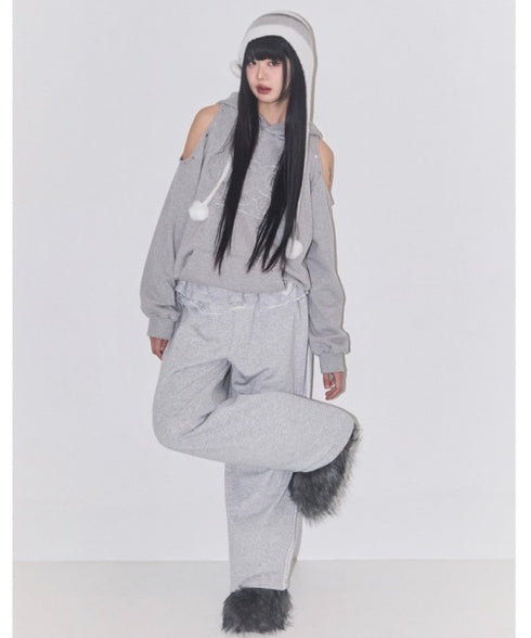 ILLIGO(イリゴ)/サイドライン ウエストフリル フェイクレイヤード ワイド ルーズ スウェットパンツ ブローチ付き/BLOOM RUFFLE LACE SWEAT PANTS | AT2254022 | グレー