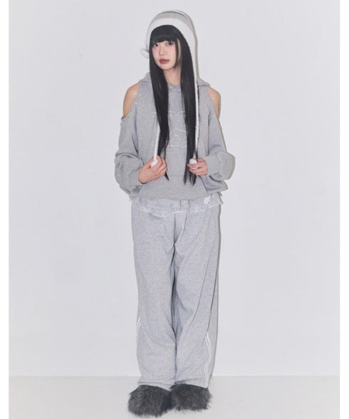 ILLIGO(イリゴ)/サイドライン ウエストフリル フェイクレイヤード ワイド ルーズ スウェットパンツ ブローチ付き/BLOOM RUFFLE LACE SWEAT PANTS | AT2254022 | グレー