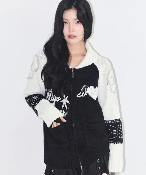 ILLIGO(イリゴ)/エンジェル カウチン ジップアップ ニット カーディガン/ANGEL RING COWICHAN KNIT ZIP-UP | AT2254023 | ブラック