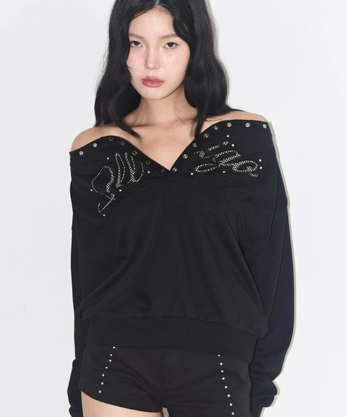 ILLIGO(イリゴ)/アイレット オフショルダー スウェット/BUTTON EYELET OFF-SHOULDER SWEATSHIRT | AT2254024 | ブラック