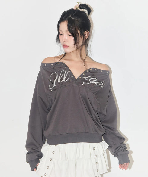 ILLIGO(イリゴ)/アイレット オフショルダー スウェット/BUTTON EYELET OFF-SHOULDER SWEATSHIRT | AT2254024 | チャコールグレー