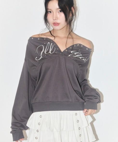 ILLIGO(イリゴ)/アイレット オフショルダー スウェット/BUTTON EYELET OFF-SHOULDER SWEATSHIRT | AT2254024 | チャコールグレー