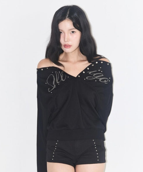 ILLIGO(イリゴ)/アイレット オフショルダー スウェット/BUTTON EYELET OFF-SHOULDER SWEATSHIRT | AT2254024 | ブラック