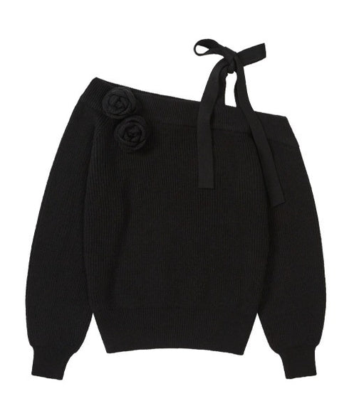 ILLIGO(イリゴ)/ブローチ付き オフショルダー ニット プルオーバー/BLOOM BOW OFF-SHOULDER KNIT | AT2254025 | ブラック