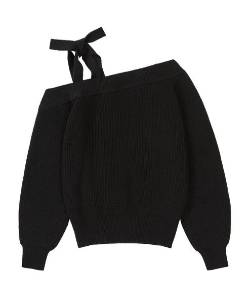 ILLIGO(イリゴ)/ブローチ付き オフショルダー ニット プルオーバー/BLOOM BOW OFF-SHOULDER KNIT | AT2254025 | ブラック