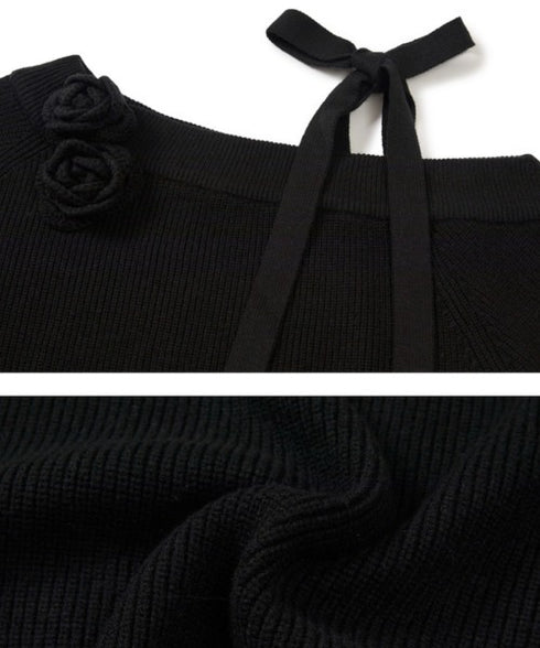 ILLIGO(イリゴ)/ブローチ付き オフショルダー ニット プルオーバー/BLOOM BOW OFF-SHOULDER KNIT | AT2254025 | ブラック