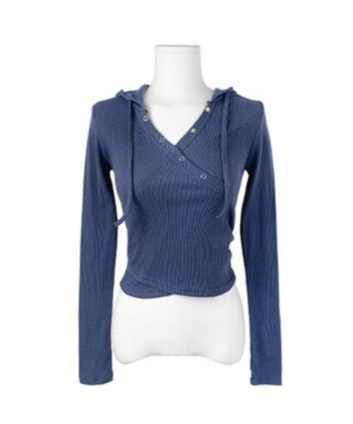 anyonemore(エニワンモア)/フード付き スナップボタン スリム カシュクール Tシャツ カットソー/Bitter Lab Hooded T-Shirt | AT2254031 | ネイビー