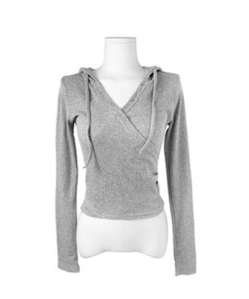 anyonemore(エニワンモア)/フード付き スナップボタン スリム カシュクール Tシャツ カットソー/Bitter Lab Hooded T-Shirt | AT2254031 | グレー