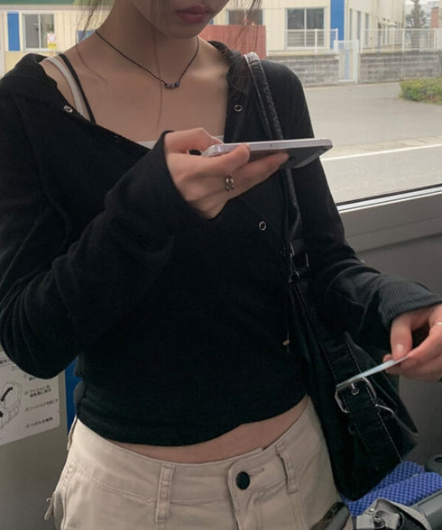 anyonemore(エニワンモア)/フード付き スナップボタン スリム カシュクール Tシャツ カットソー/Bitter Lab Hooded T-Shirt | AT2254031 | ブラック