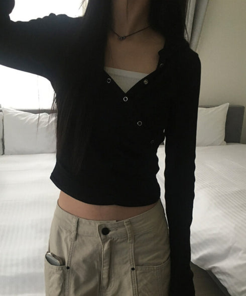 anyonemore(エニワンモア)/フード付き スナップボタン スリム カシュクール Tシャツ カットソー/Bitter Lab Hooded T-Shirt | AT2254031 | ブラック