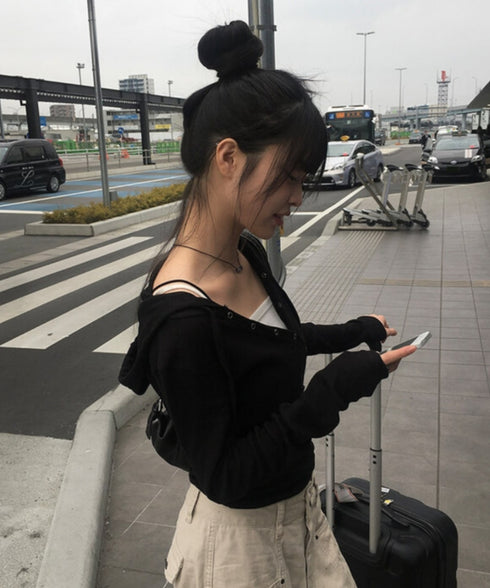 anyonemore(エニワンモア)/フード付き スナップボタン スリム カシュクール Tシャツ カットソー/Bitter Lab Hooded T-Shirt | AT2254031 | ブラック