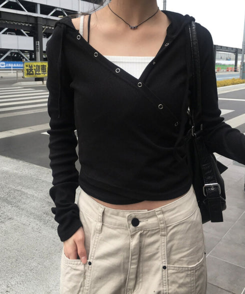 anyonemore(エニワンモア)/フード付き スナップボタン スリム カシュクール Tシャツ カットソー/Bitter Lab Hooded T-Shirt | AT2254031 | ブラック