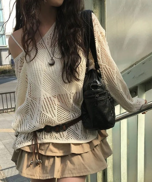 anyonemore(エニワンモア)/（ベルト＋キャミソールセット）ベルト付き メッシュニット パット付きキャミソール セット/Hills Loose fit Hippie Mesh Knitwear Cap sleeveless Set | AT2254032 | ベージュ