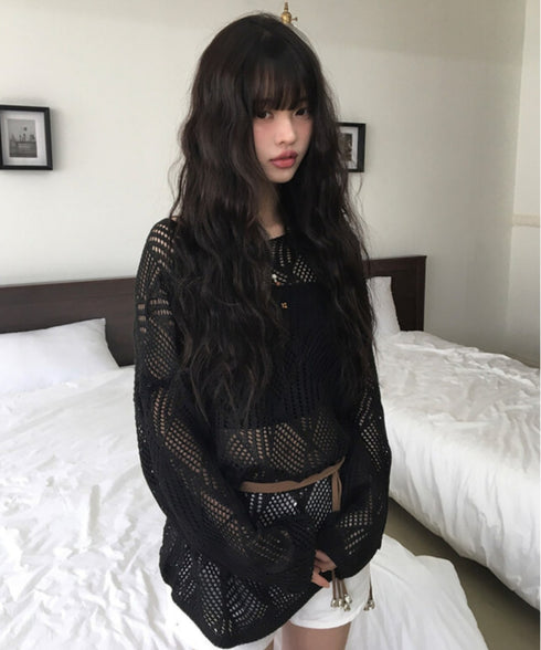 anyonemore(エニワンモア)/（ベルト＋キャミソールセット）ベルト付き メッシュニット パット付きキャミソール セット/Hills Loose fit Hippie Mesh Knitwear Cap sleeveless Set | AT2254032 | ブラック