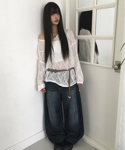 anyonemore(エニワンモア)/（ベルト＋キャミソールセット）ベルト付き メッシュニット パット付きキャミソール セット/Hills Loose fit Hippie Mesh Knitwear Cap sleeveless Set | AT2254032 | アイボリー