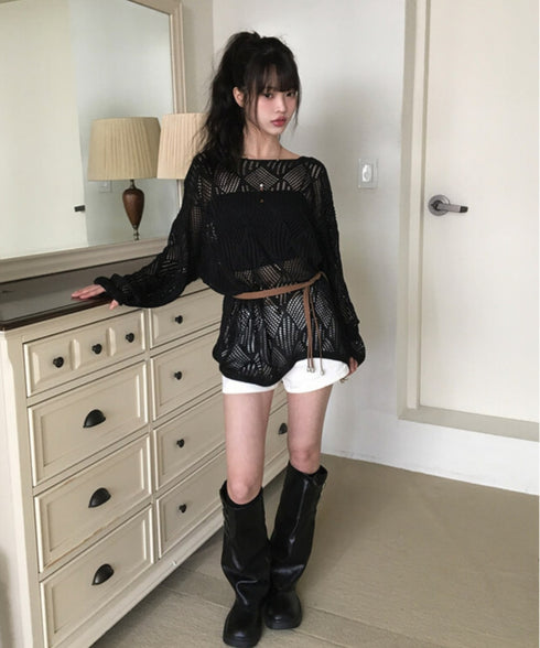 anyonemore(エニワンモア)/（ベルト＋キャミソールセット）ベルト付き メッシュニット パット付きキャミソール セット/Hills Loose fit Hippie Mesh Knitwear Cap sleeveless Set | AT2254032 | ブラック