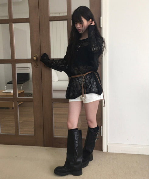 anyonemore(エニワンモア)/（ベルト＋キャミソールセット）ベルト付き メッシュニット パット付きキャミソール セット/Hills Loose fit Hippie Mesh Knitwear Cap sleeveless Set | AT2254032 | ブラック