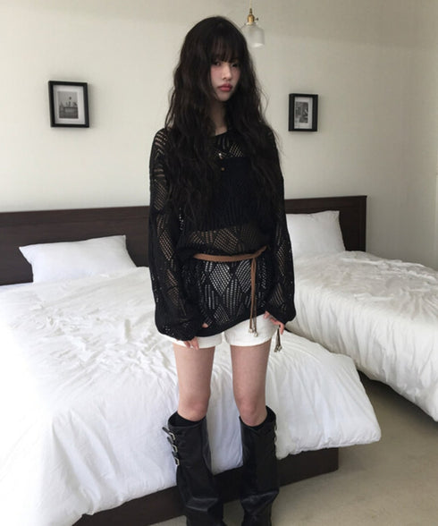 anyonemore(エニワンモア)/（ベルト＋キャミソールセット）ベルト付き メッシュニット パット付きキャミソール セット/Hills Loose fit Hippie Mesh Knitwear Cap sleeveless Set | AT2254032 | ブラック