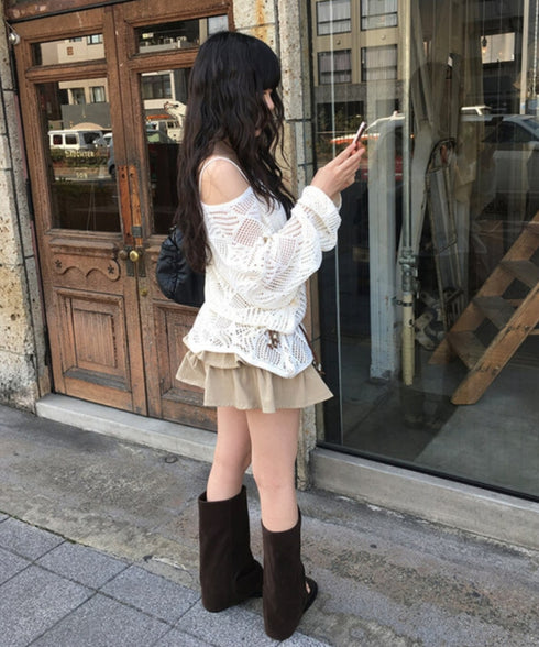 anyonemore(エニワンモア)/（ベルト＋キャミソールセット）ベルト付き メッシュニット パット付きキャミソール セット/Hills Loose fit Hippie Mesh Knitwear Cap sleeveless Set | AT2254032 | ベージュ