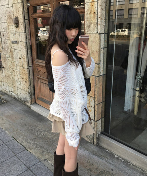 anyonemore(エニワンモア)/（ベルト＋キャミソールセット）ベルト付き メッシュニット パット付きキャミソール セット/Hills Loose fit Hippie Mesh Knitwear Cap sleeveless Set | AT2254032 | ベージュ