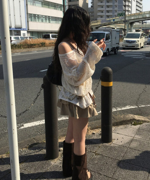 anyonemore(エニワンモア)/（ベルト＋キャミソールセット）ベルト付き メッシュニット パット付きキャミソール セット/Hills Loose fit Hippie Mesh Knitwear Cap sleeveless Set | AT2254032 | ベージュ