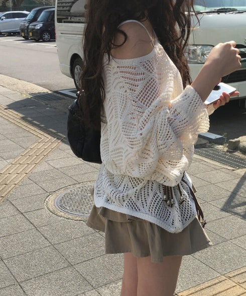 anyonemore(エニワンモア)/（ベルト＋キャミソールセット）ベルト付き メッシュニット パット付きキャミソール セット/Hills Loose fit Hippie Mesh Knitwear Cap sleeveless Set | AT2254032 | ベージュ