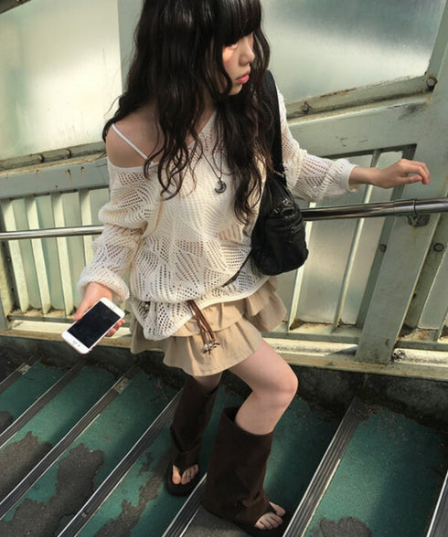 anyonemore(エニワンモア)/（ベルト＋キャミソールセット）ベルト付き メッシュニット パット付きキャミソール セット/Hills Loose fit Hippie Mesh Knitwear Cap sleeveless Set | AT2254032 | ベージュ