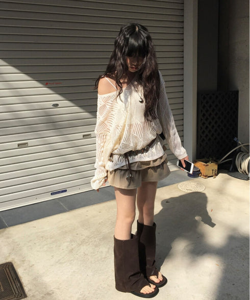 anyonemore(エニワンモア)/（ベルト＋キャミソールセット）ベルト付き メッシュニット パット付きキャミソール セット/Hills Loose fit Hippie Mesh Knitwear Cap sleeveless Set | AT2254032 | ベージュ