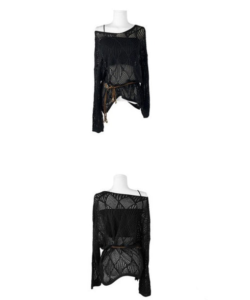 anyonemore(エニワンモア)/（ベルト＋キャミソールセット）ベルト付き メッシュニット パット付きキャミソール セット/Hills Loose fit Hippie Mesh Knitwear Cap sleeveless Set | AT2254032 | ブラック