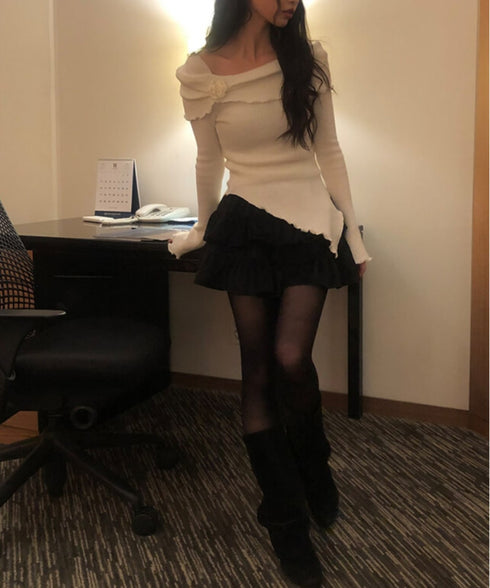 anyonemore(エニワンモア)/オフショルダー コサージュ付き スリム ニット プルオーバー/Weave Off-Shoulder Corsage Slim Knit | AT2254033 | アイボリー