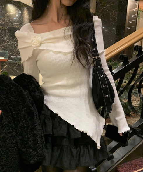 anyonemore(エニワンモア)/オフショルダー コサージュ付き スリム ニット プルオーバー/Weave Off-Shoulder Corsage Slim Knit | AT2254033 | アイボリー