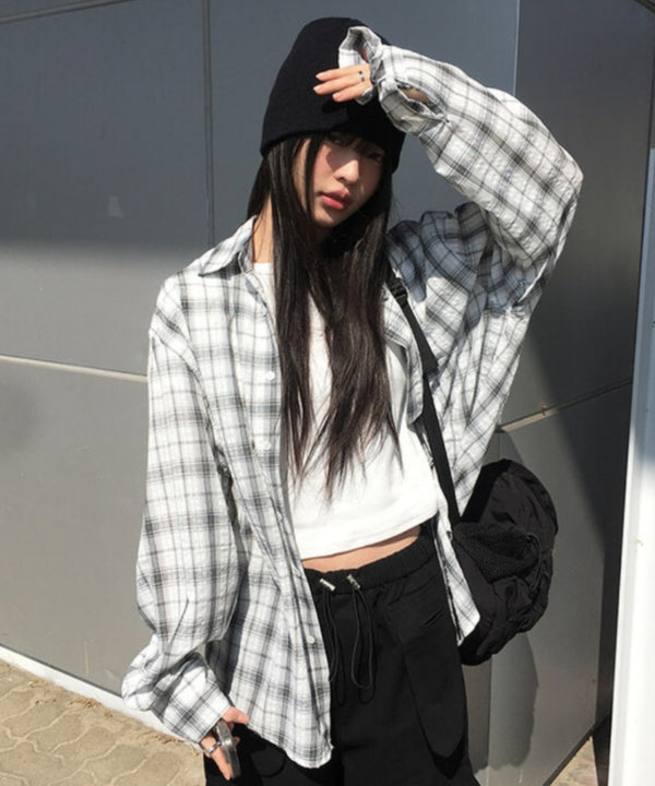 anyonemore(エニワンモア)/チェック柄 オーバーサイズ ルーズフィット 長袖 シャツ/Woods Checkered Oversized Fit Long Sleeve Shirt | AT2254035 | ホワイト