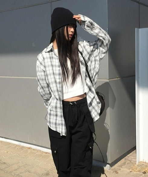 anyonemore(エニワンモア)/チェック柄 オーバーサイズ ルーズフィット 長袖 シャツ/Woods Checkered Oversized Fit Long Sleeve Shirt | AT2254035 | ホワイト