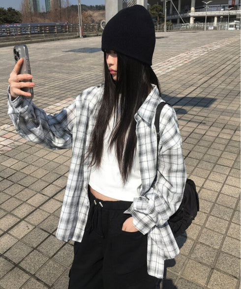 anyonemore(エニワンモア)/チェック柄 オーバーサイズ ルーズフィット 長袖 シャツ/Woods Checkered Oversized Fit Long Sleeve Shirt | AT2254035 | ホワイト