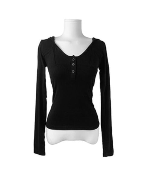 anyonemore(エニワンモア)/フード付き スナップボタン スリムフィット 長袖 Tシャツ/Rezer Hoodie Button Long Sleeve T-Shirt | AT2254036 | ブラック