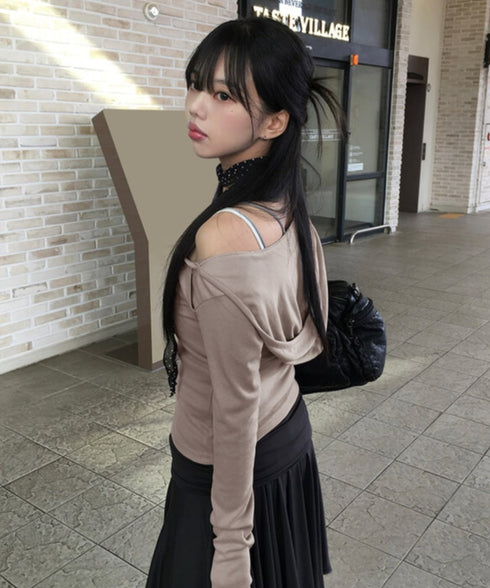 anyonemore(エニワンモア)/フード付き スナップボタン スリムフィット 長袖 Tシャツ/Rezer Hoodie Button Long Sleeve T-Shirt | AT2254036 | ピンクベージュ