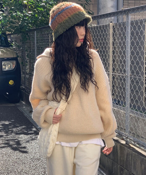 anyonemore(エニワンモア)/2WAY ルーズ ハーフジップ ハイネック ニット プルオーバー/Vanilla Neck Collar Loose Fit Knit Half Zip-Up | AT2254037 | ベージュ