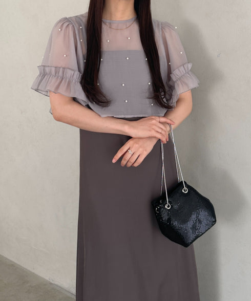 フォーマル 二次会オケージョン パーティードレス パールトップスキャミワンピース２点セットドレス | MD2256038 | グレー