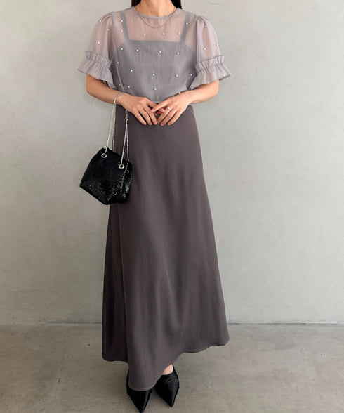 フォーマル 二次会オケージョン パーティードレス パールトップスキャミワンピース２点セットドレス | MD2256038 | グレー