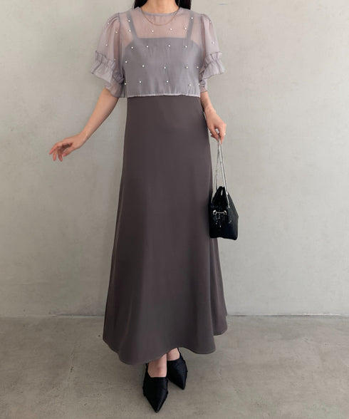 フォーマル 二次会オケージョン パーティードレス パールトップスキャミワンピース２点セットドレス | MD2256038 | グレー