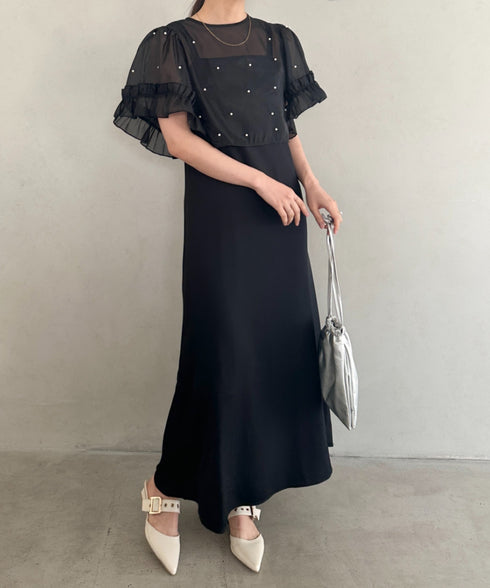 フォーマル 二次会オケージョン パーティードレス パールトップスキャミワンピース２点セットドレス | MD2256038 | ブラック