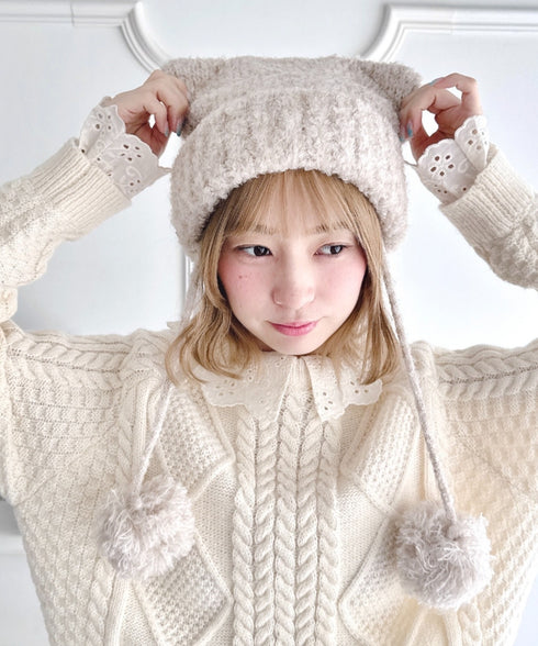 ねこみみポンポンニットビーニー | LO5254039 | ライトベージュ