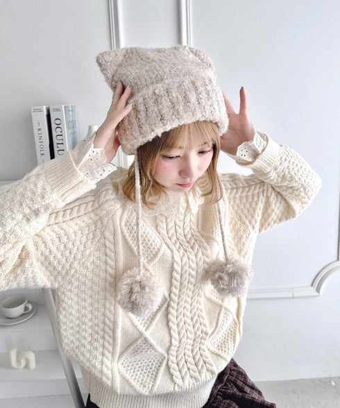 ねこみみポンポンニットビーニー | LO5254039 | ライトベージュ