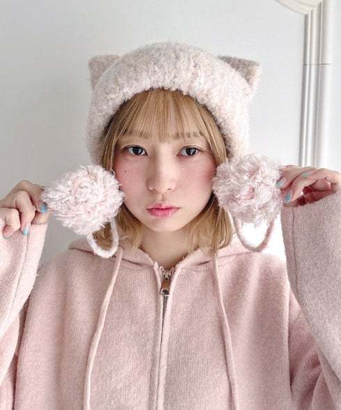 ねこみみポンポンニットビーニー | LO5254039 | ピンク