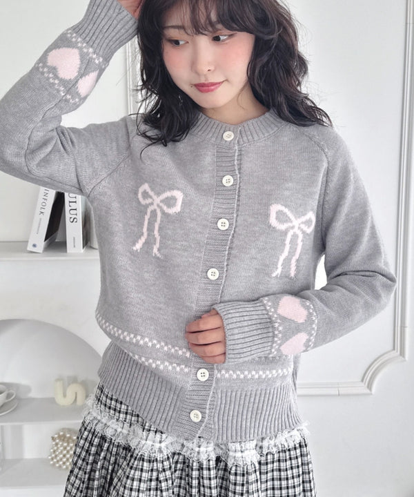 リボンハートジャガードニットカーディガン | LO2256079 | グレー