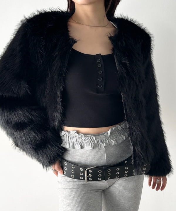 ノーカラーフェイクファージャケット | BA2254006 | ブラック