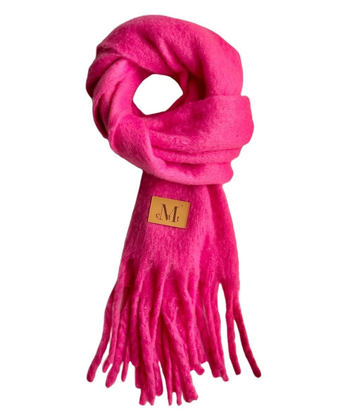 MUCENT(ムセント)/ボリューム フリンジ マフラー ロゴパッチ付き/SIGNATURE MUFFLER | AT6254043 | ピンク